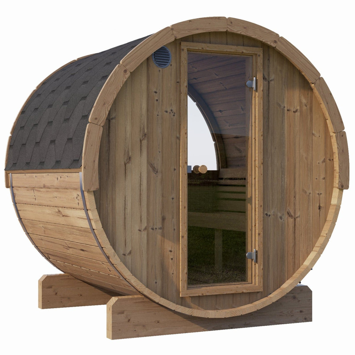 SaunaLife Model E7W Barrel Sauna with Half Moon Window — Secret Saunas